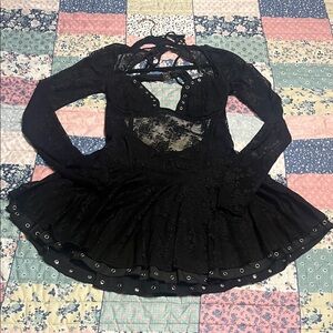 Black Lace Gothic Skater Dress with Eyelet Trim